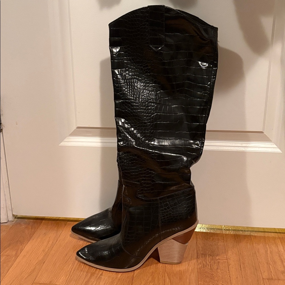 Amazon Black Croc-Embossed Heeled Boots